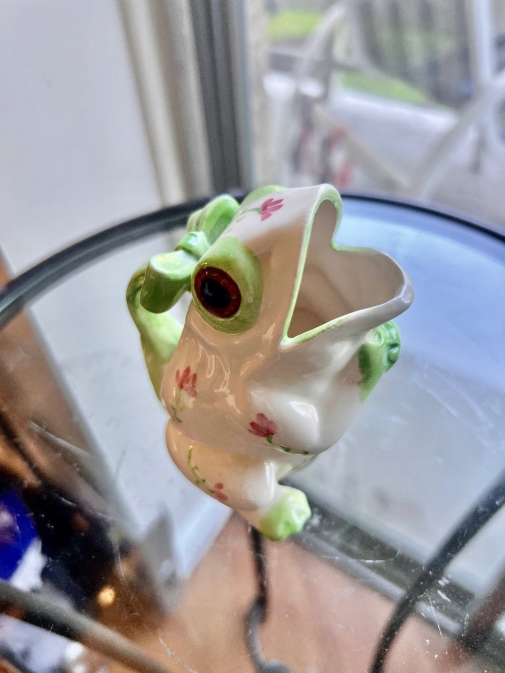 Frog Pitcher Vase Hand Painted Ceramic White with pink/green flowers